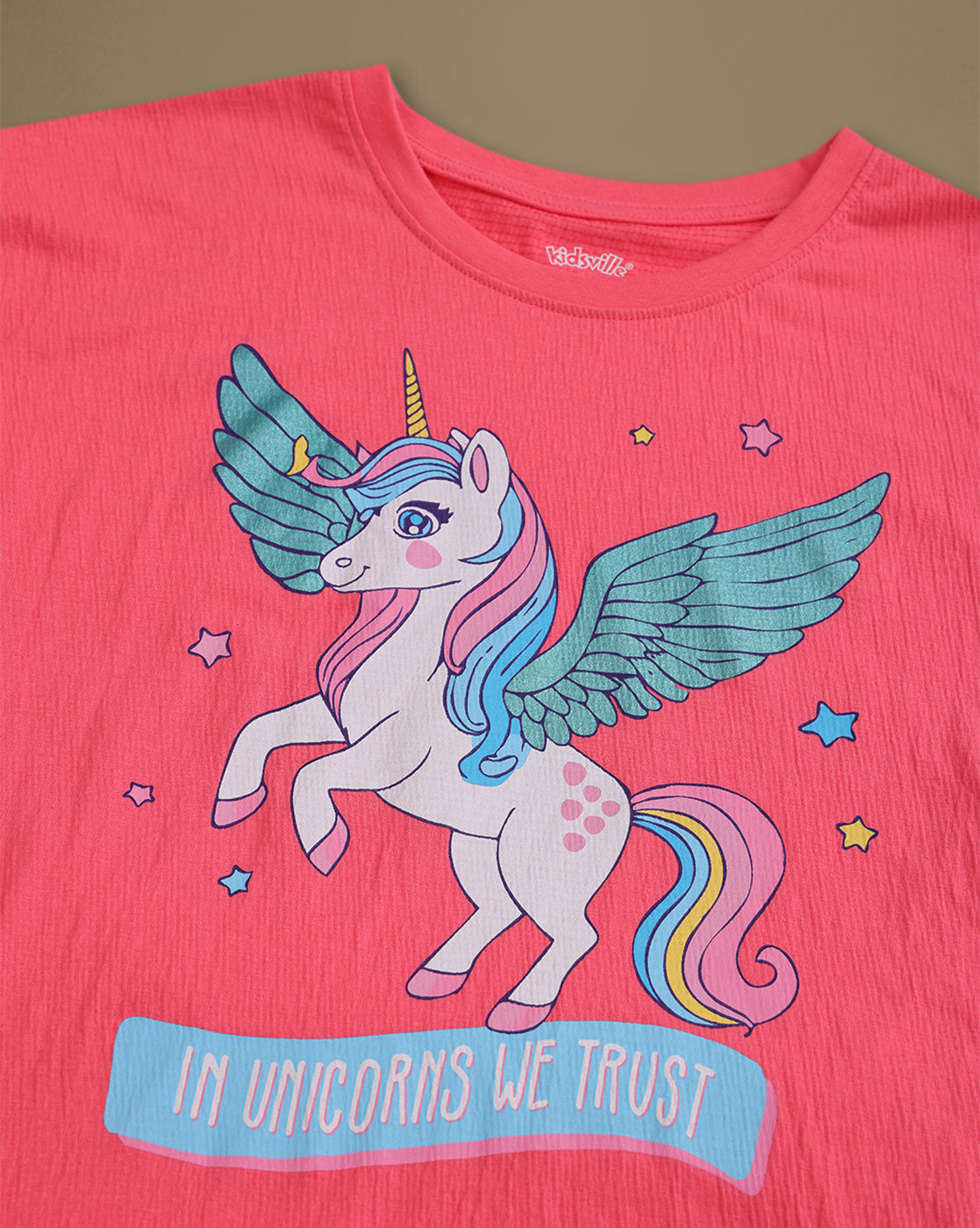 Kidsville Printed Relaxed Fit Crinkle Cotton T-Shirt & Shorts For Girls