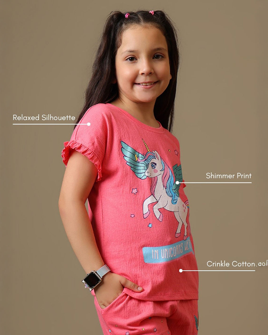 Kidsville Printed Relaxed Fit Crinkle Cotton T-Shirt & Shorts For Girls