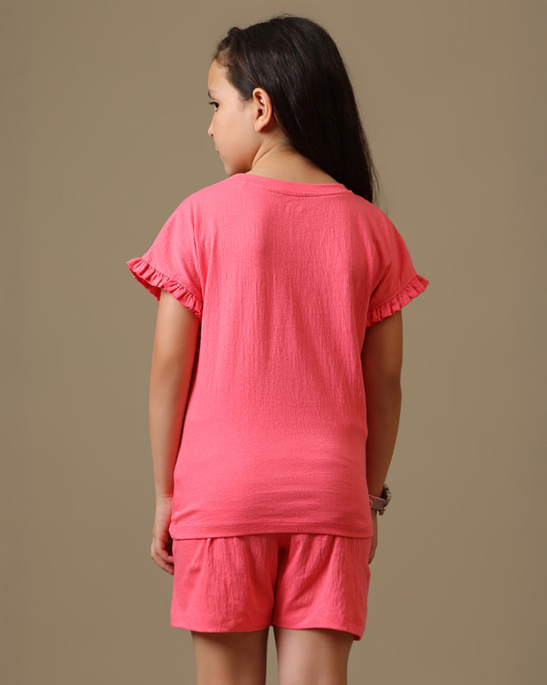 Kidsville Printed Relaxed Fit Crinkle Cotton T-Shirt & Shorts For Girls