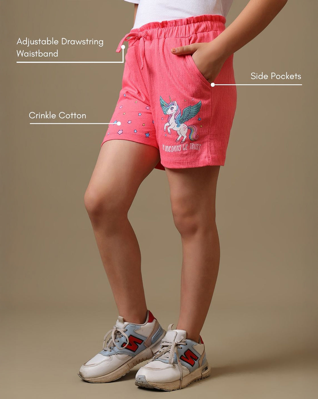 Unicorn Printed Regular Fit Crinkle Cotton Shorts For Girls