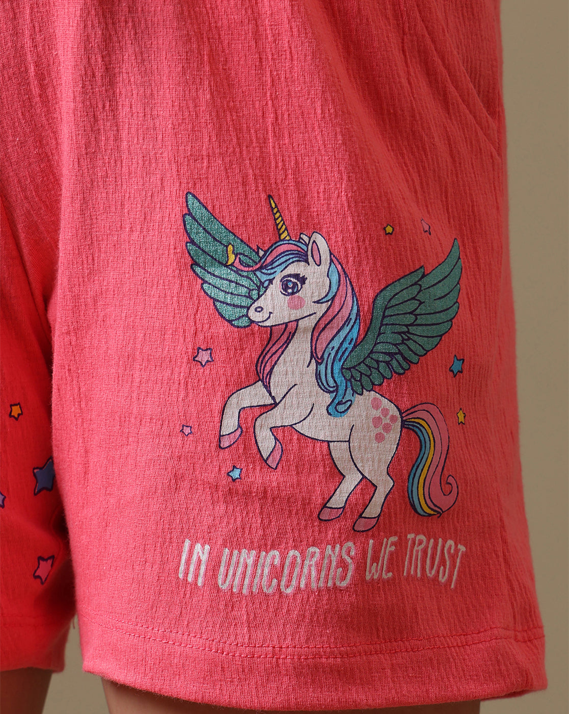 Unicorn Printed Regular Fit Crinkle Cotton Shorts For Girls