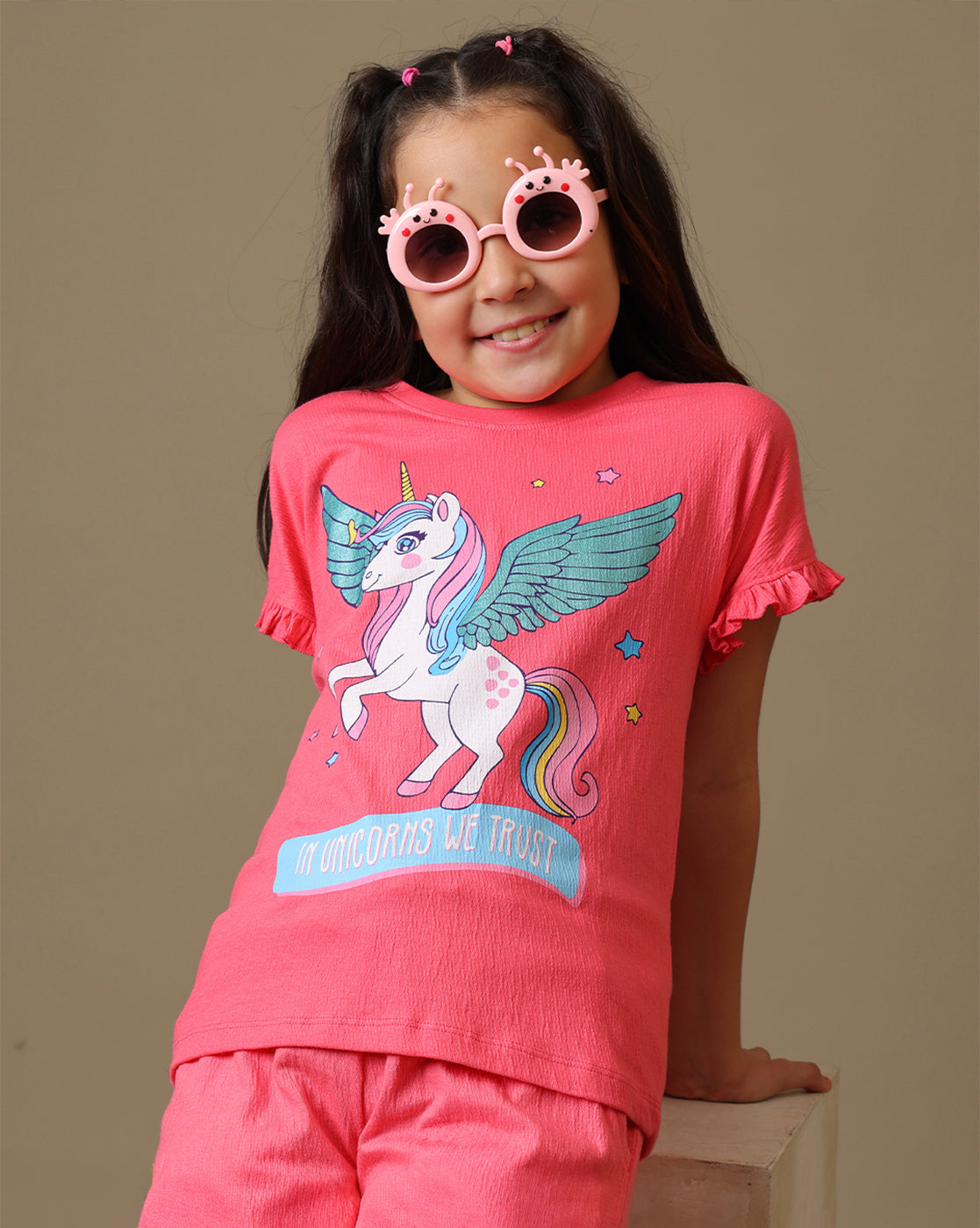 Unicorn Printed Relaxed Fit Crinkle Cotton Tshirt For Girls