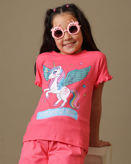 Unicorn Printed Relaxed Fit Crinkle Cotton Tshirt For Girls