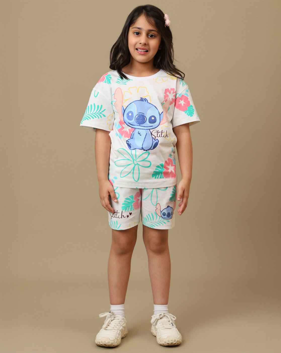 Lilo & Stitch Printed Regular Fit Tshirt & Shorts Co-Ords Set For Girls