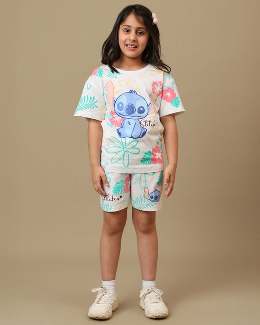 Lilo & Stitch Printed Regular Fit Tshirt & Shorts Co-Ords Set For Girls