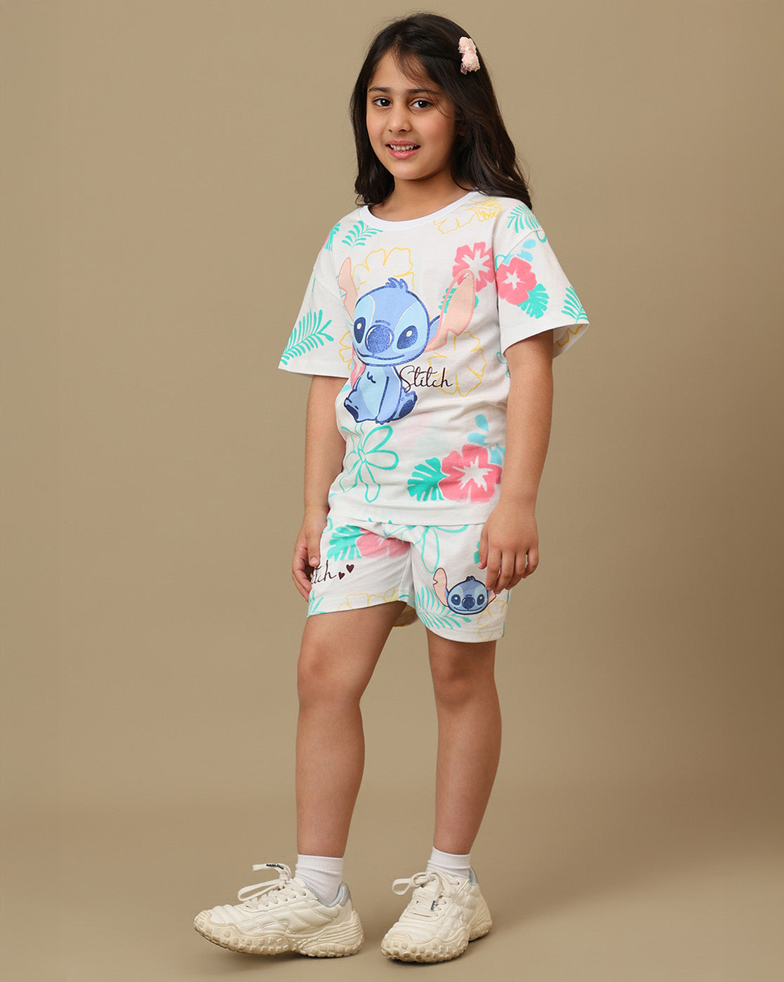 Lilo & Stitch Printed Regular Fit Tshirt & Shorts Co-Ords Set For Girls