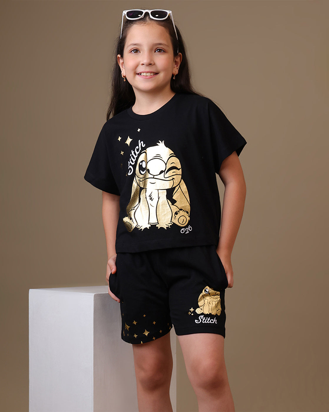 Lilo & Stitch Printed Regular Fit Tshirt & Shorts  For Girls