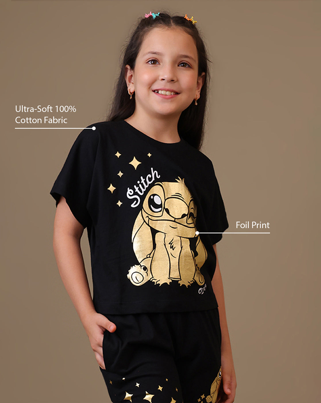 Lilo & Stitch Printed Regular Fit Tshirt & Shorts  For Girls