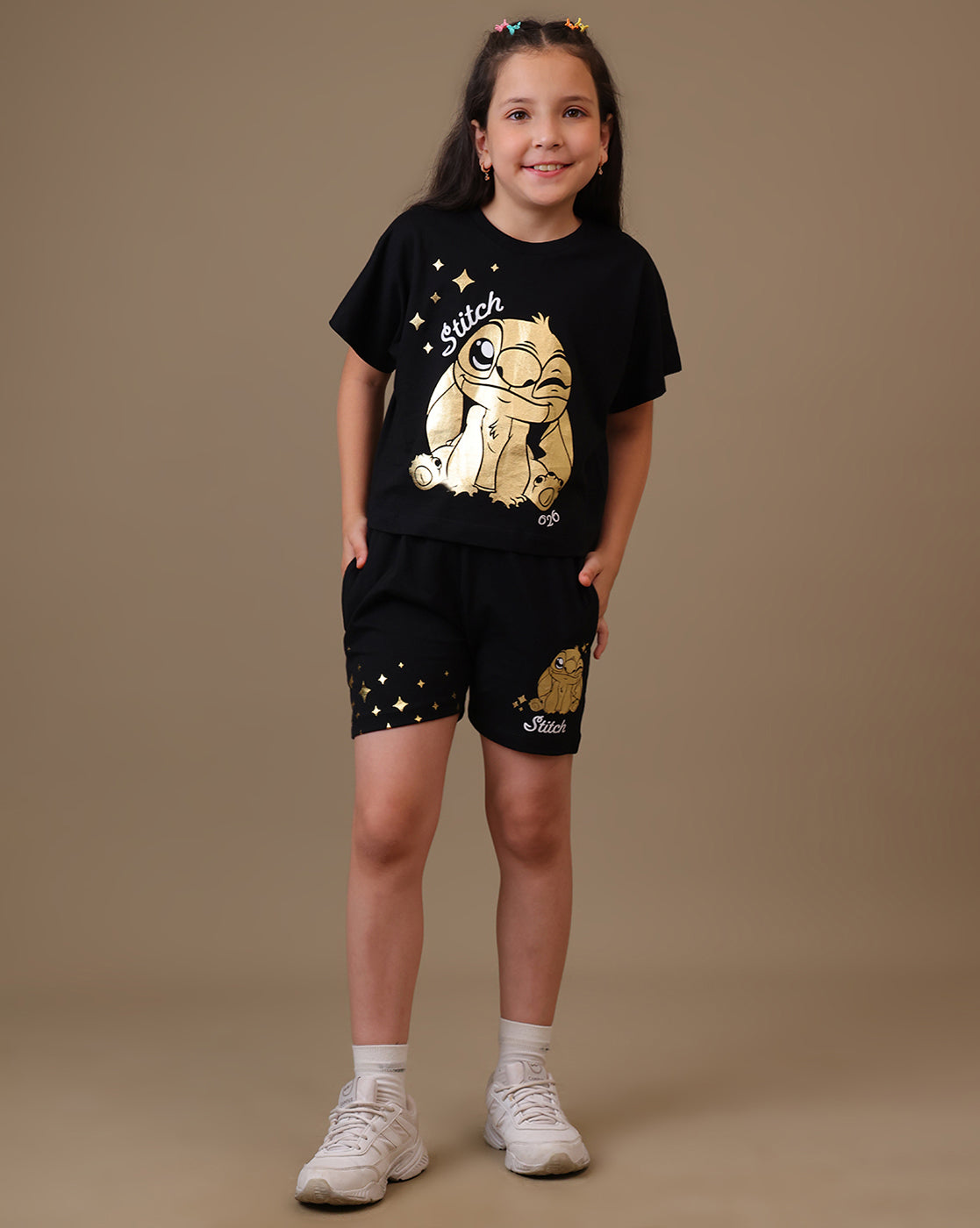 Lilo & Stitch Printed Regular Fit Tshirt & Shorts  For Girls