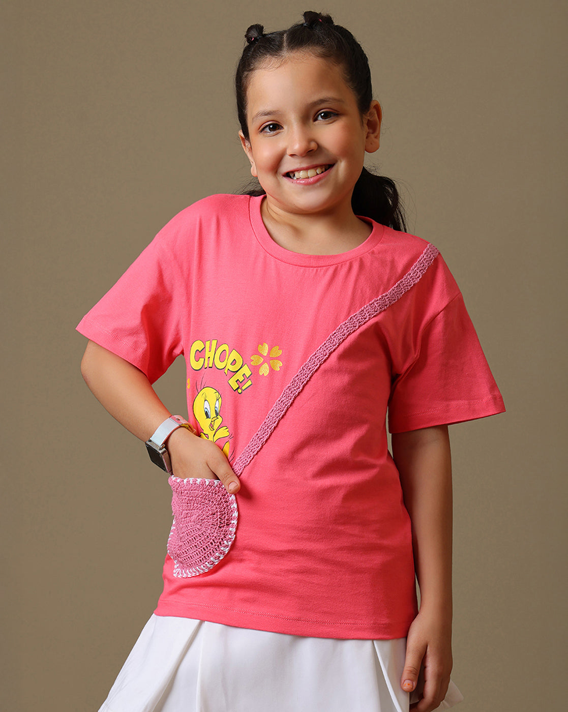 Looney Tunes - Tweety Printed Relaxed Fit Tshirt with Crochet Sling Pocket