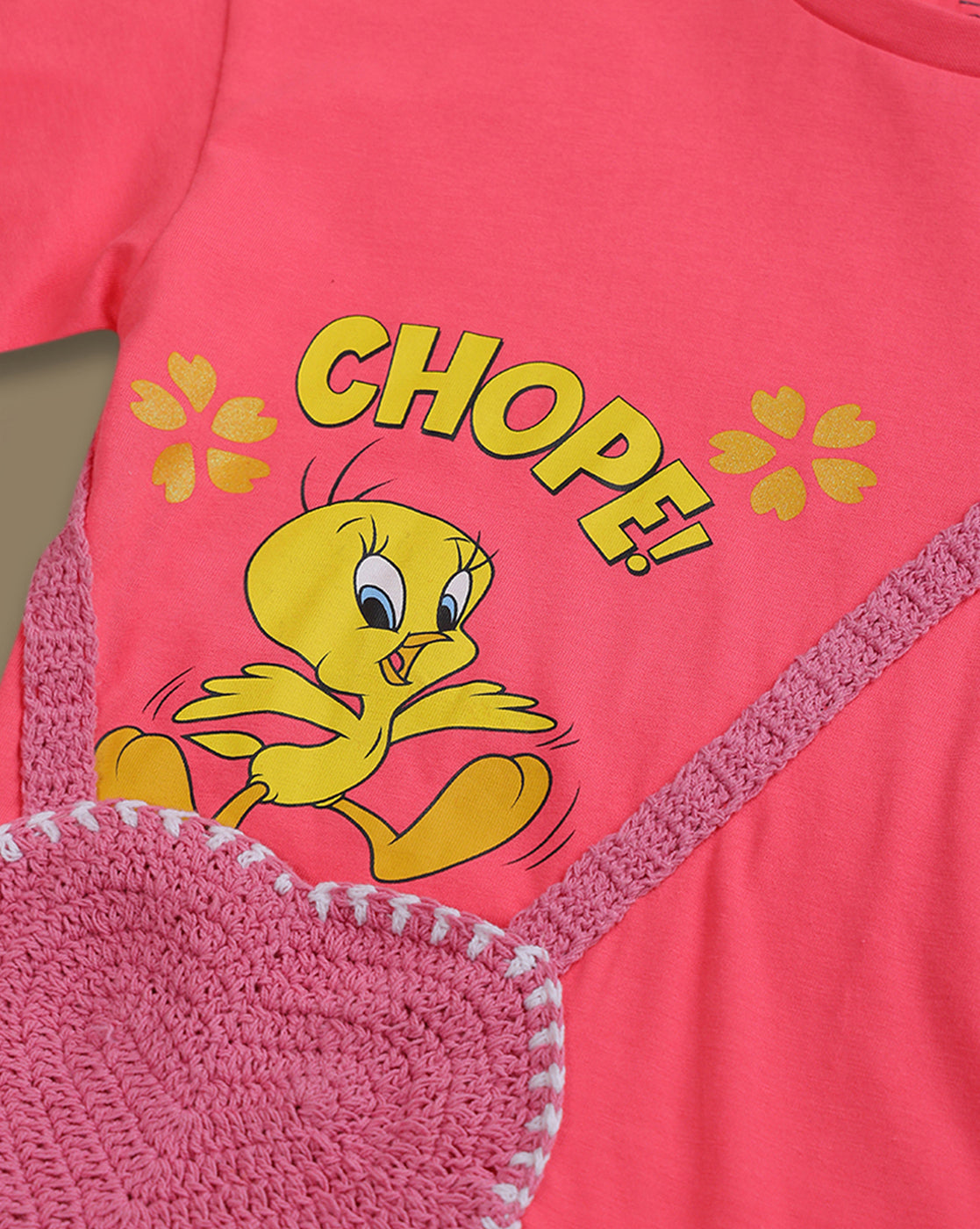 Looney Tunes - Tweety Printed Relaxed Fit Tshirt with Crochet Sling Pocket