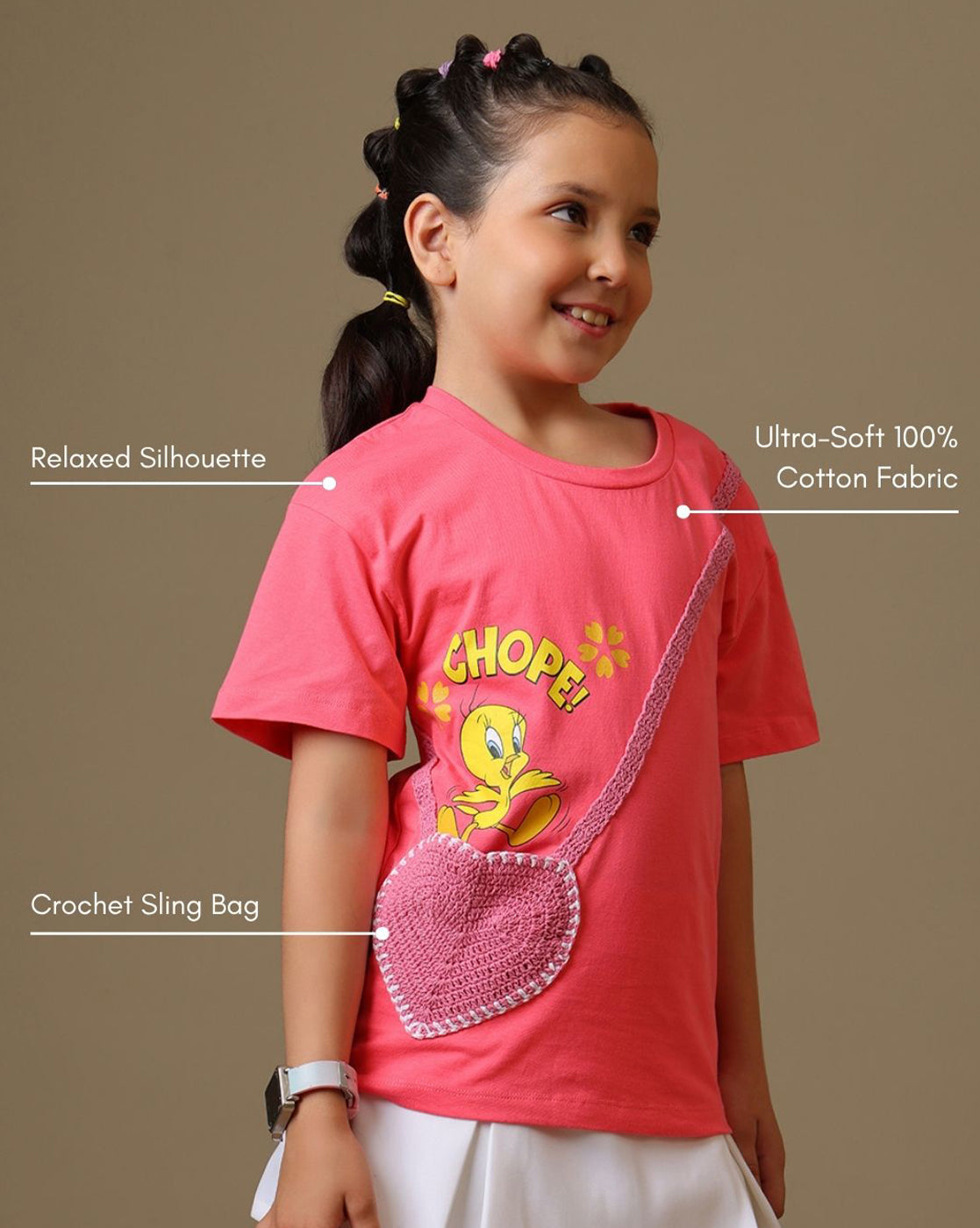 Looney Tunes - Tweety Printed Relaxed Fit Tshirt with Crochet Sling Pocket