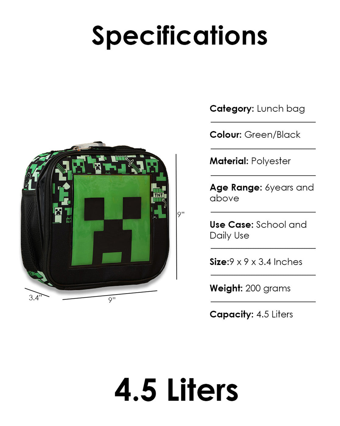 Minecraft 4.5L Lunch Bag for Boys & Girls | Mesh Water Bottle Holder | Thermal Insulated Tiffin Bag for Kids