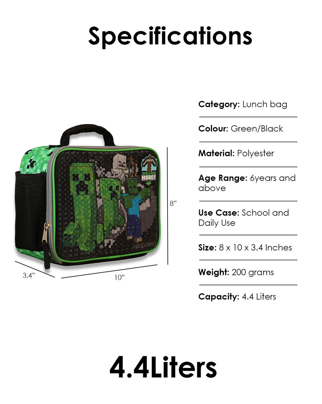 Minecraft 4.4L Lunch Bag for Boys & Girls | Mesh Water Bottle Holder | Thermal Insulated Tiffin Bag for Kids
