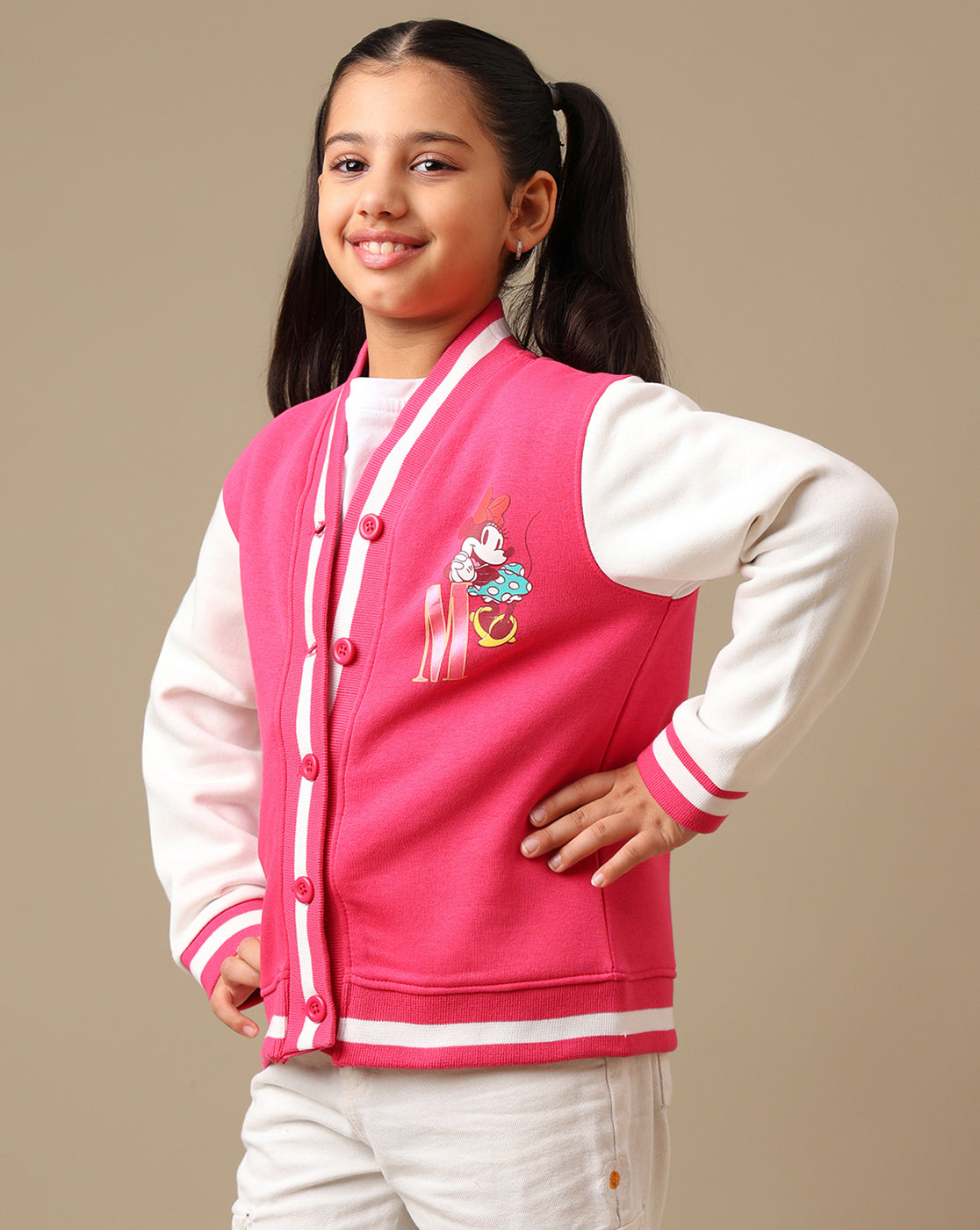 Mickey & Friends Printed Regular Fit Varsity Jacket For Girls