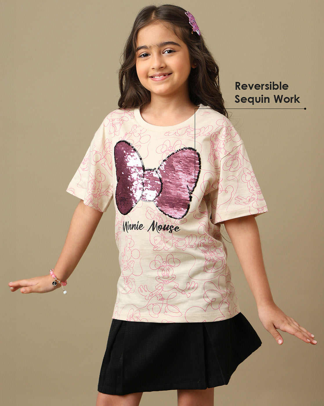 Minnie Mouse Printed Relaxed Fit Reversible SequinTshirt For Girls