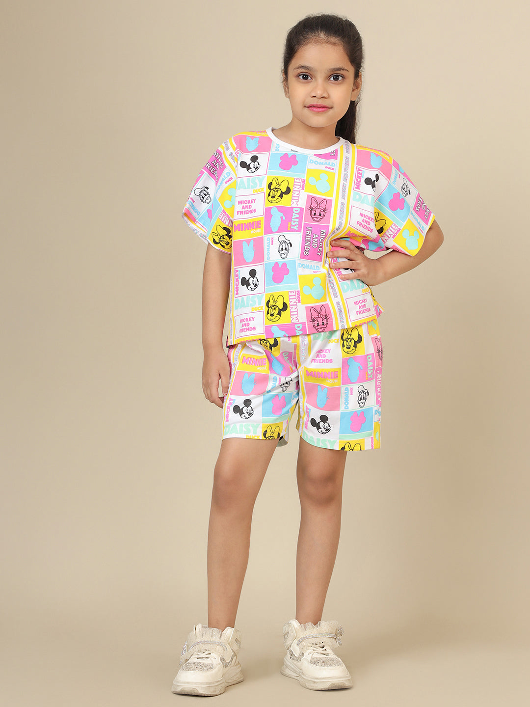Mickey & Friends Printed T-Shirt & Shorts Co-Ords Set For Girls