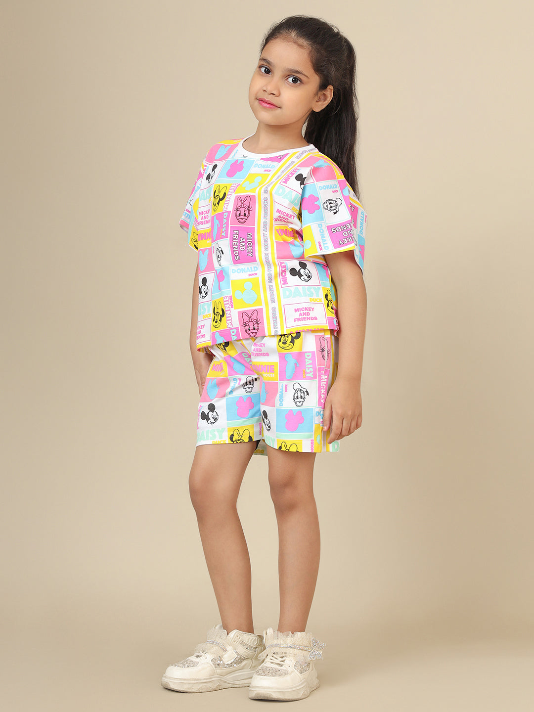 Mickey & Friends Printed T-Shirt & Shorts Co-Ords Set For Girls