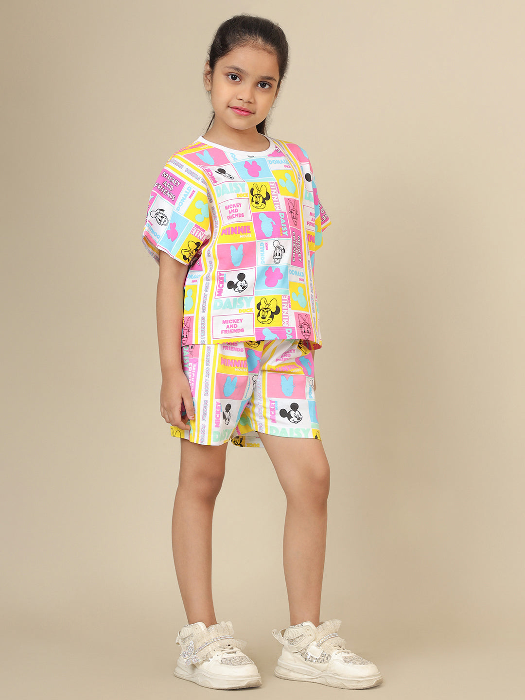 Mickey & Friends Printed T-Shirt & Shorts Co-Ords Set For Girls