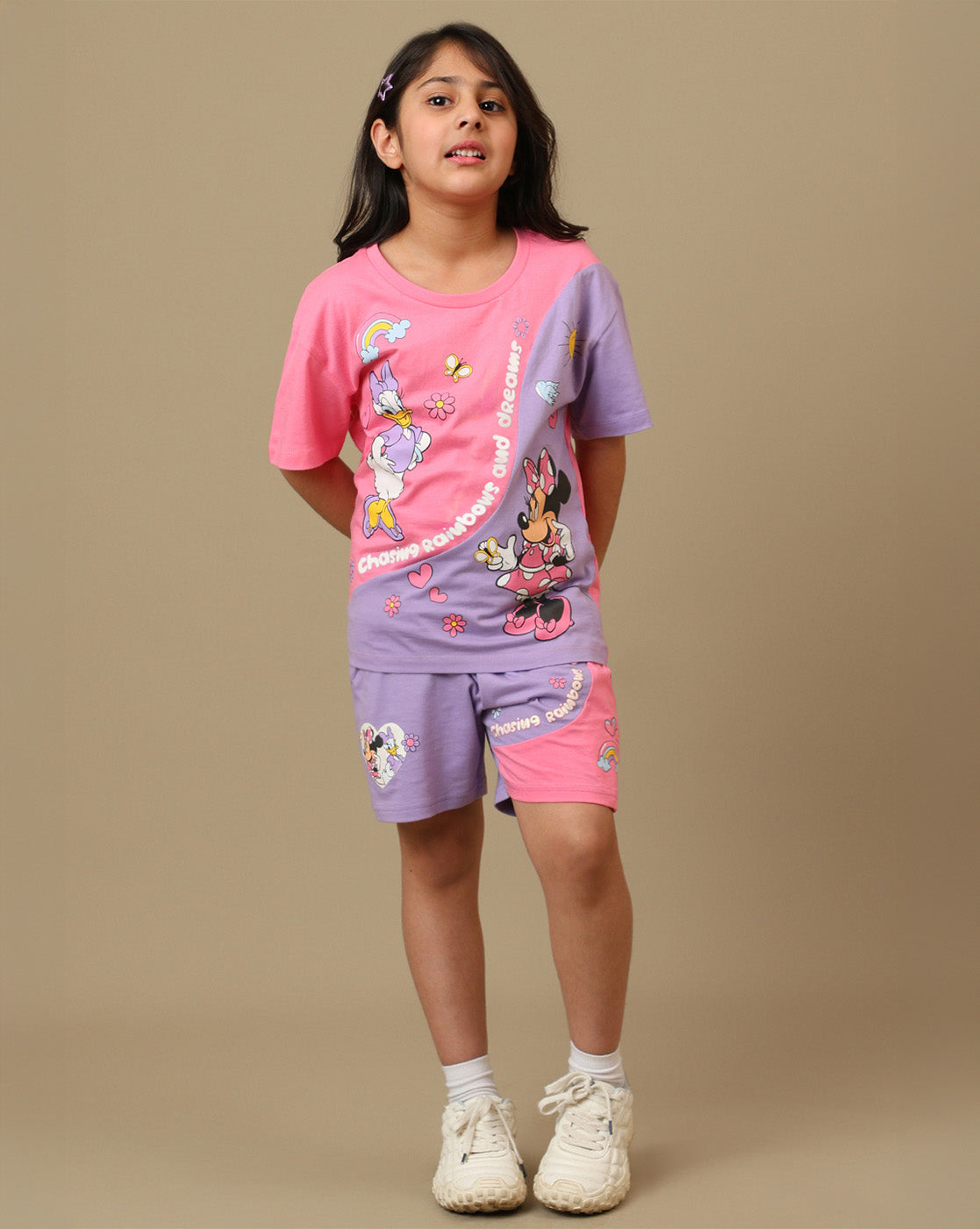Mickey & Friends Printed Regular Fit Tshirt & Shorts Co-Ords Set For Girls