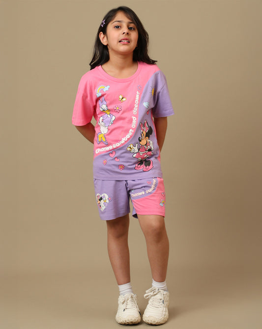 Mickey & Friends Printed Regular Fit Tshirt & Shorts Co-Ords Set For Girls