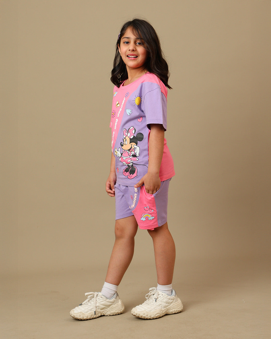 Mickey & Friends Printed Regular Fit Tshirt & Shorts Co-Ords Set For Girls
