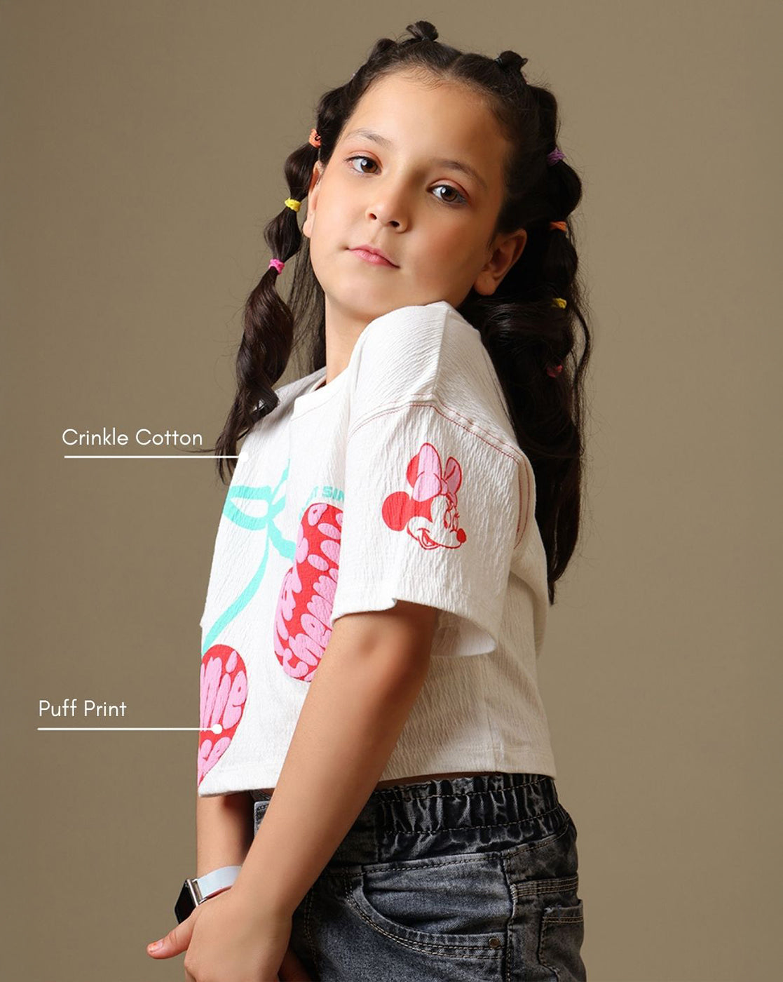Mickey & Friends Printed Boxy Fit Crinkle Cotton Tshirt For Girls