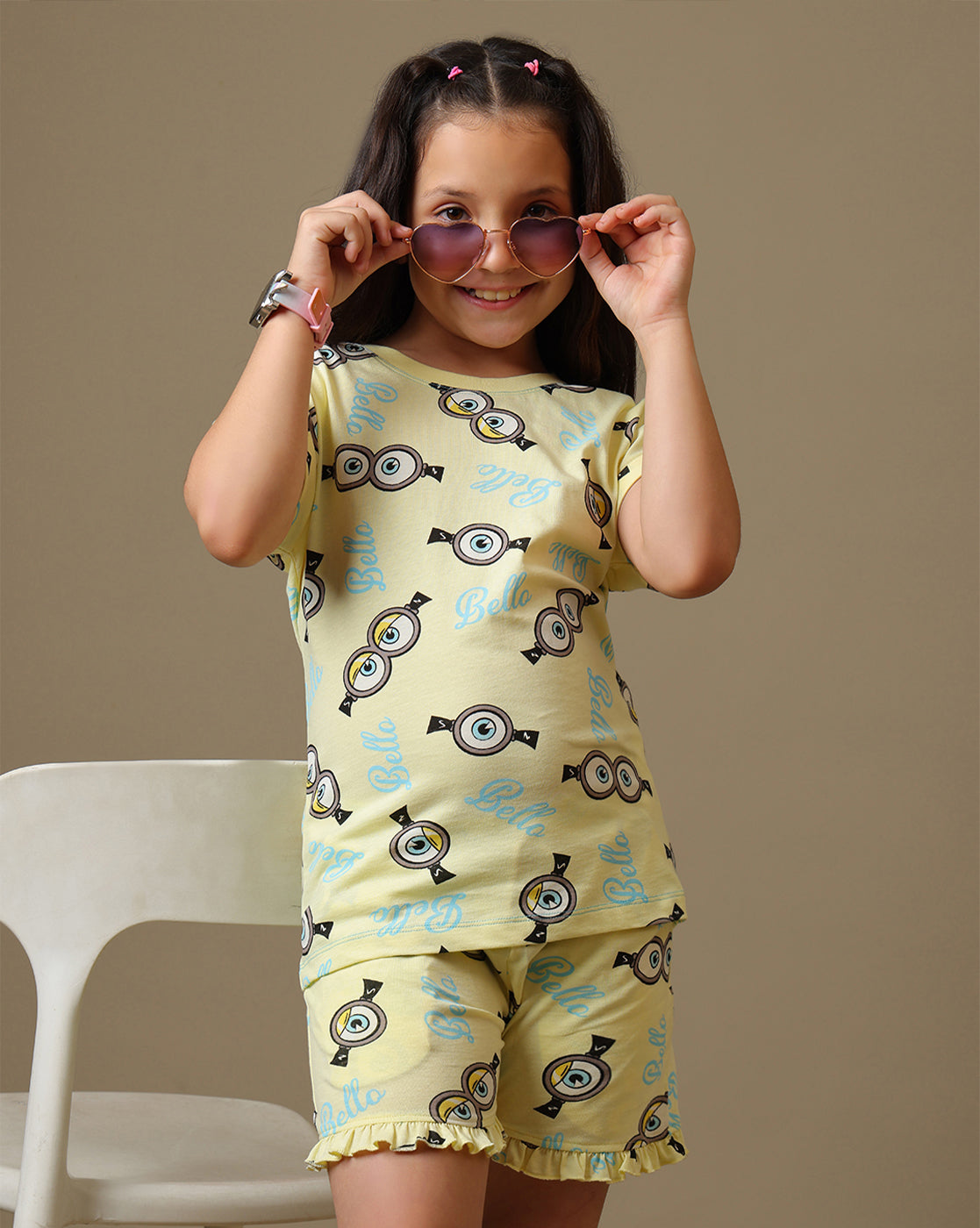 Minions Printed Relaxed Fit T-Shirt & Shorts For Girls