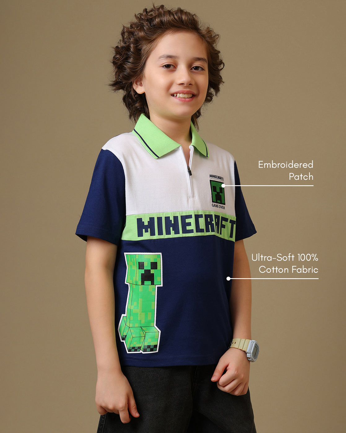 Minecraft Embroidered Regular Fit Polo-T-Shirt For Boys
