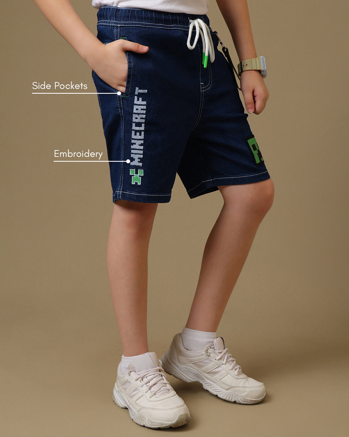 Minecraft Embroidered Regular Fit Denim Shorts For Boys
