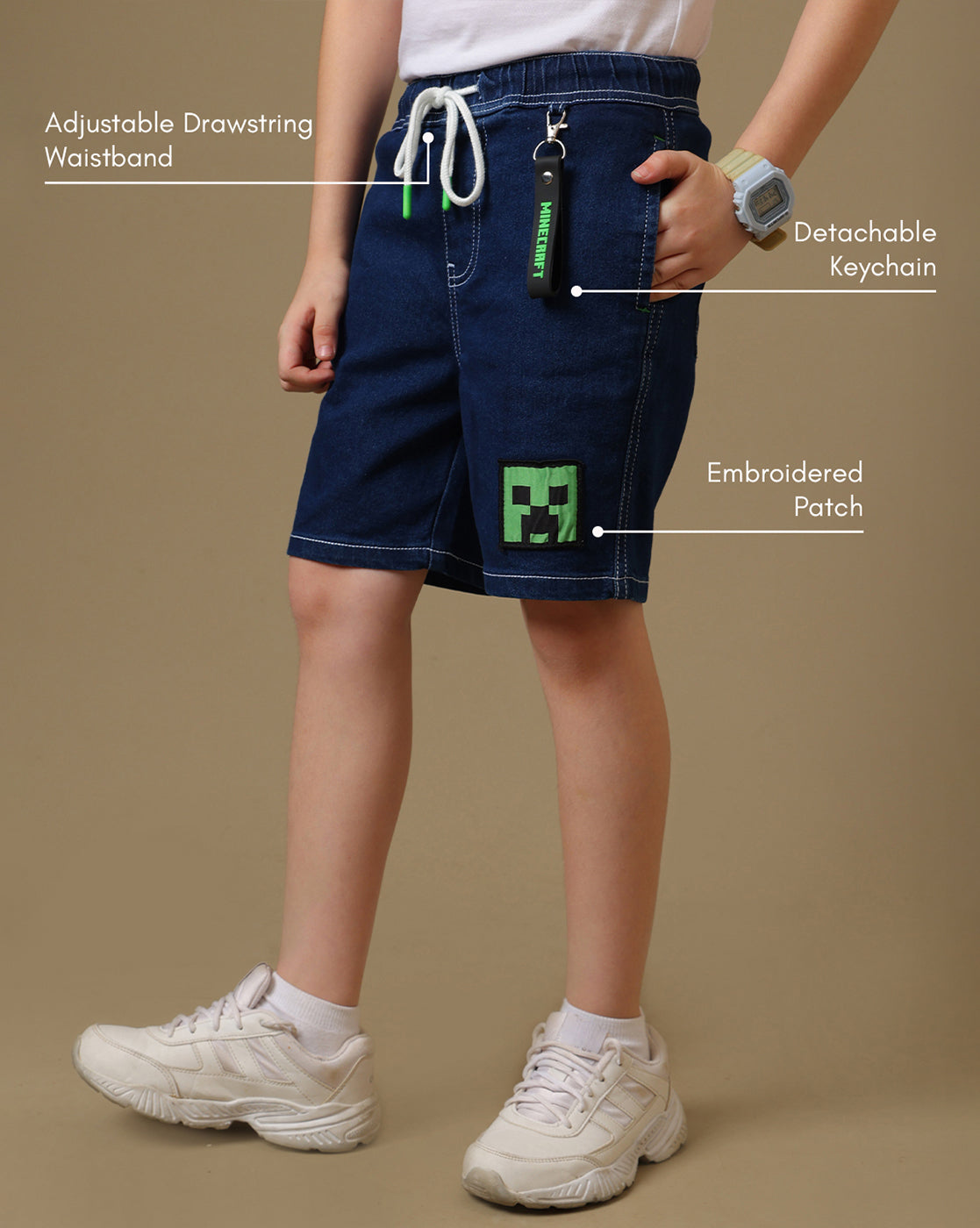 Minecraft Embroidered Regular Fit Denim Shorts For Boys