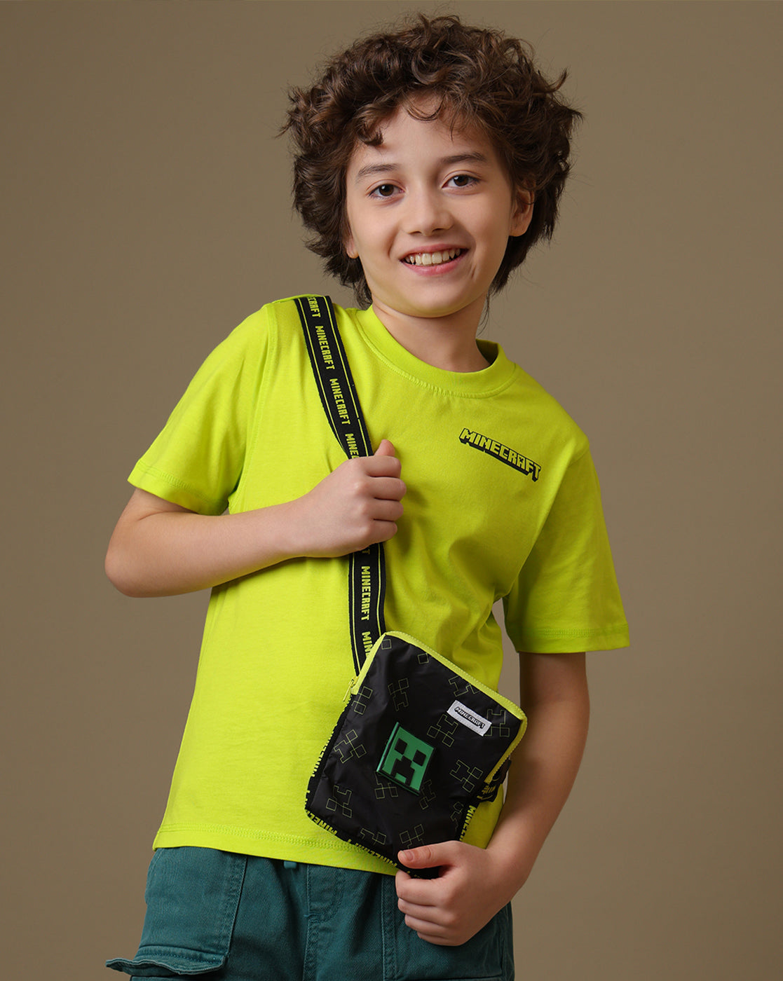 Minecraft Printed Regular Fit Tshirt with Detachable Sling Bag For Boys