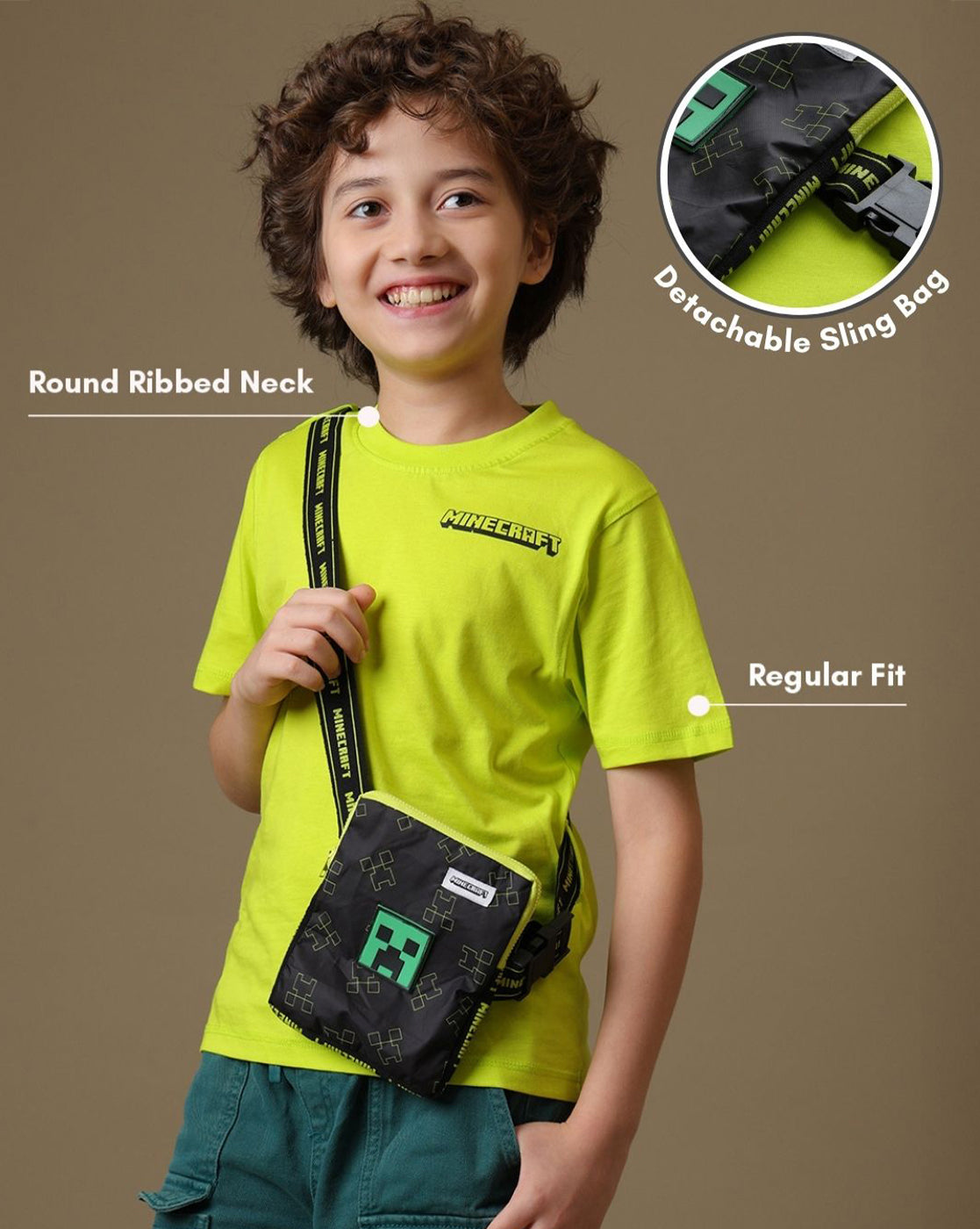 Minecraft Printed Regular Fit Tshirt with Detachable Sling Bag For Boys