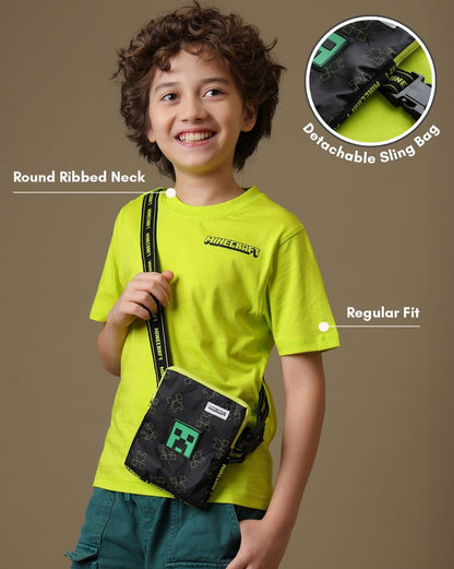 Minecraft  Regular Fit Tshirt with Detachable Sling Bag  Boys