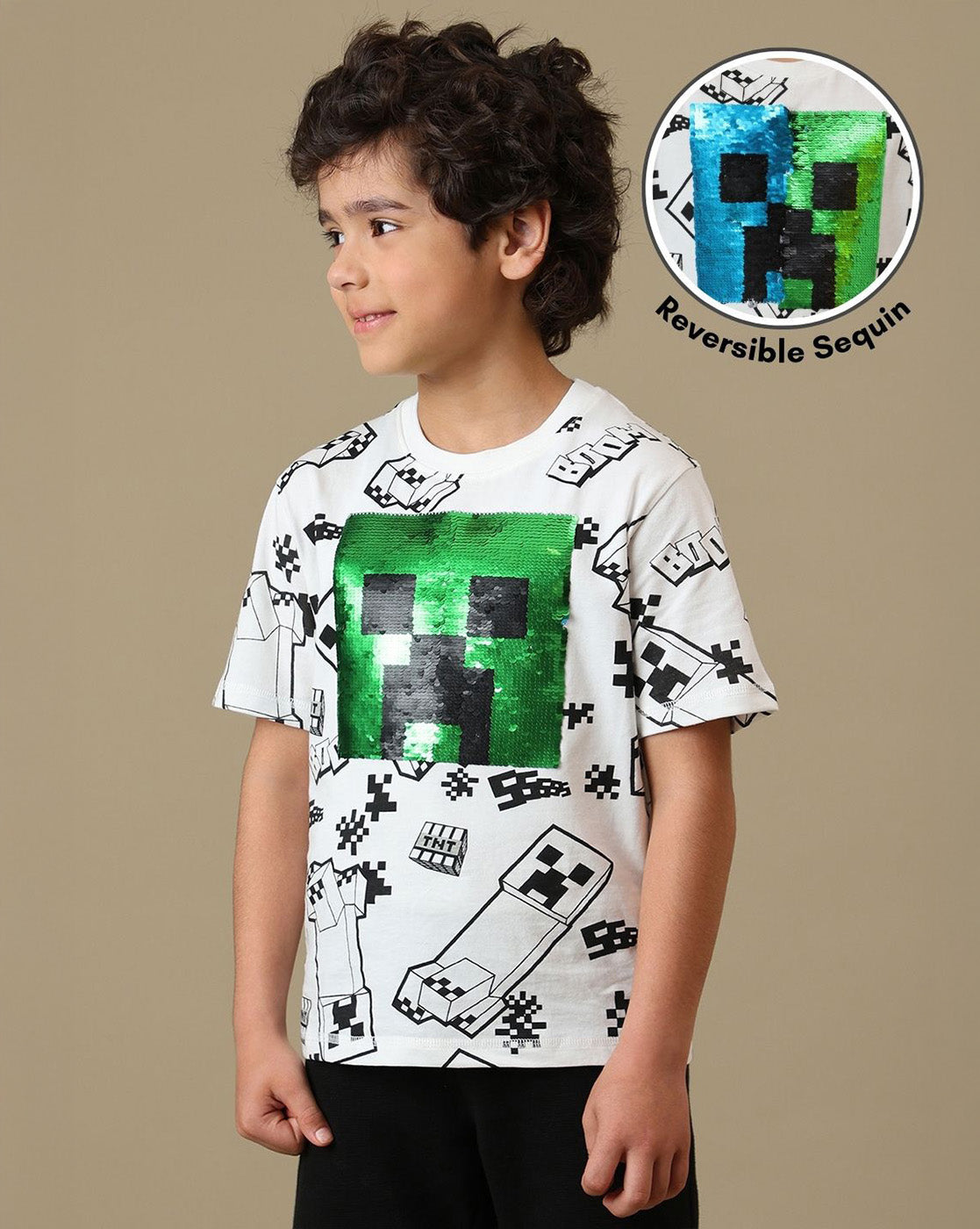 Minecraft Reversible Sequins Printed Regular Fit Tshirt For Boys