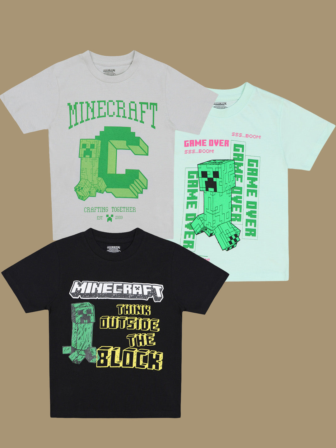 Minecraft Graphic Printed Regular Fit Pack Of 3 Tshirt For Boys