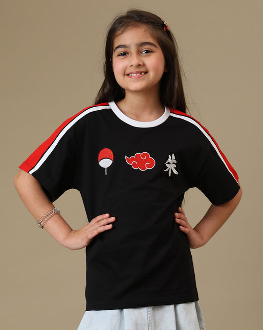 Naruto Akatsuki & Uchiha Embroidered Relaxed Fit Tshirt For Girls