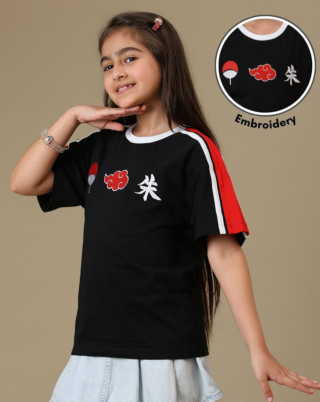 Naruto Akatsuki & Uchiha Embroidered Relaxed Fit Tshirt For Girls