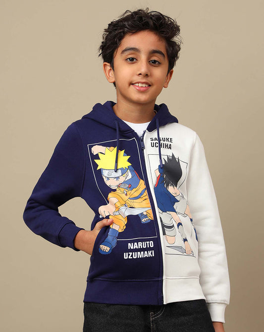 Naruto & Sasuke Anime Printed Blue & White Regular Fit Hoodie For Boys