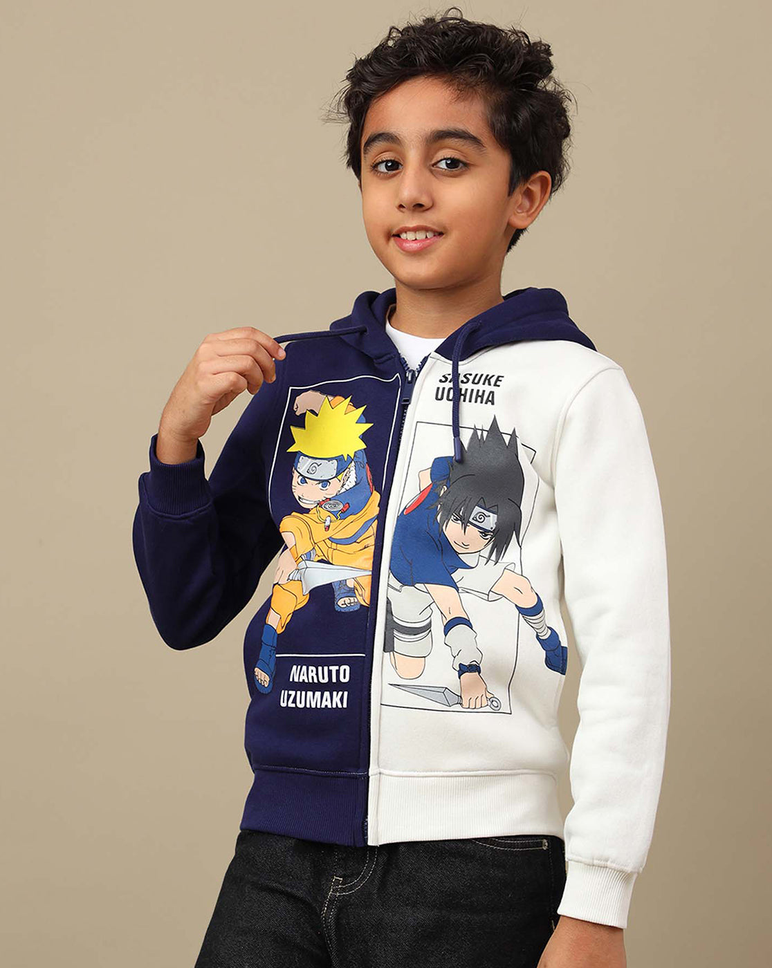 Naruto & Sasuke Anime Printed Blue & White Regular Fit Hoodie For Boys