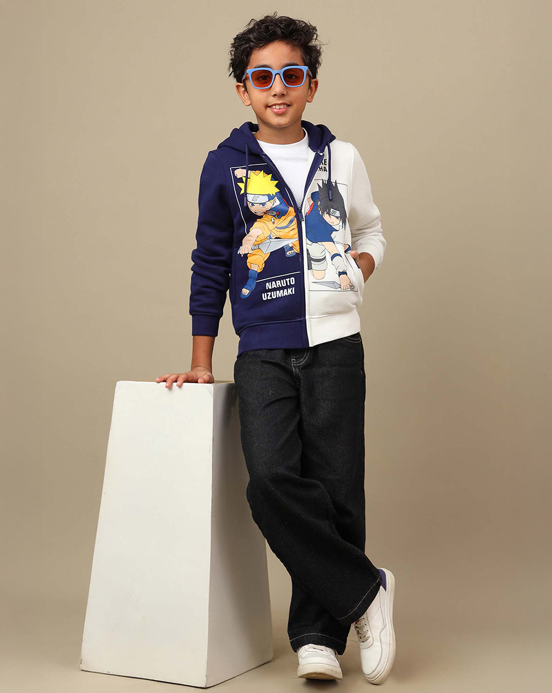 Naruto & Sasuke Anime Printed Blue & White Regular Fit Hoodie For Boys