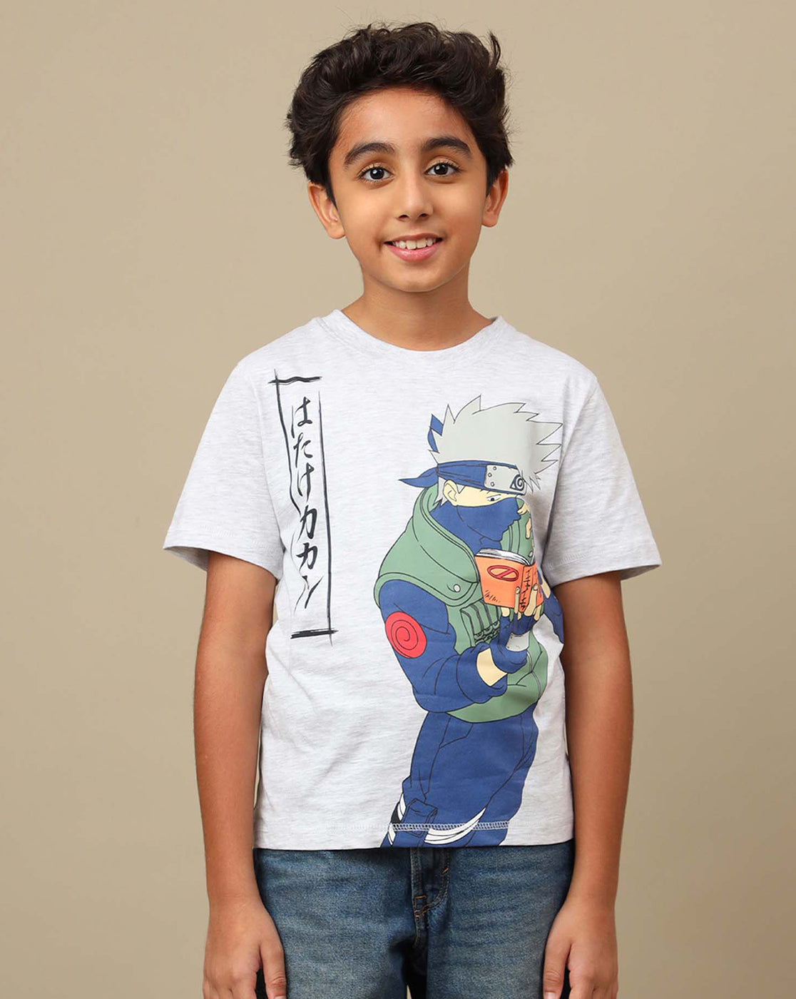 Naruto: Kakashi Hatake Anime Printed Grey Regular Fit Pure Cotton Tshirt For Boys