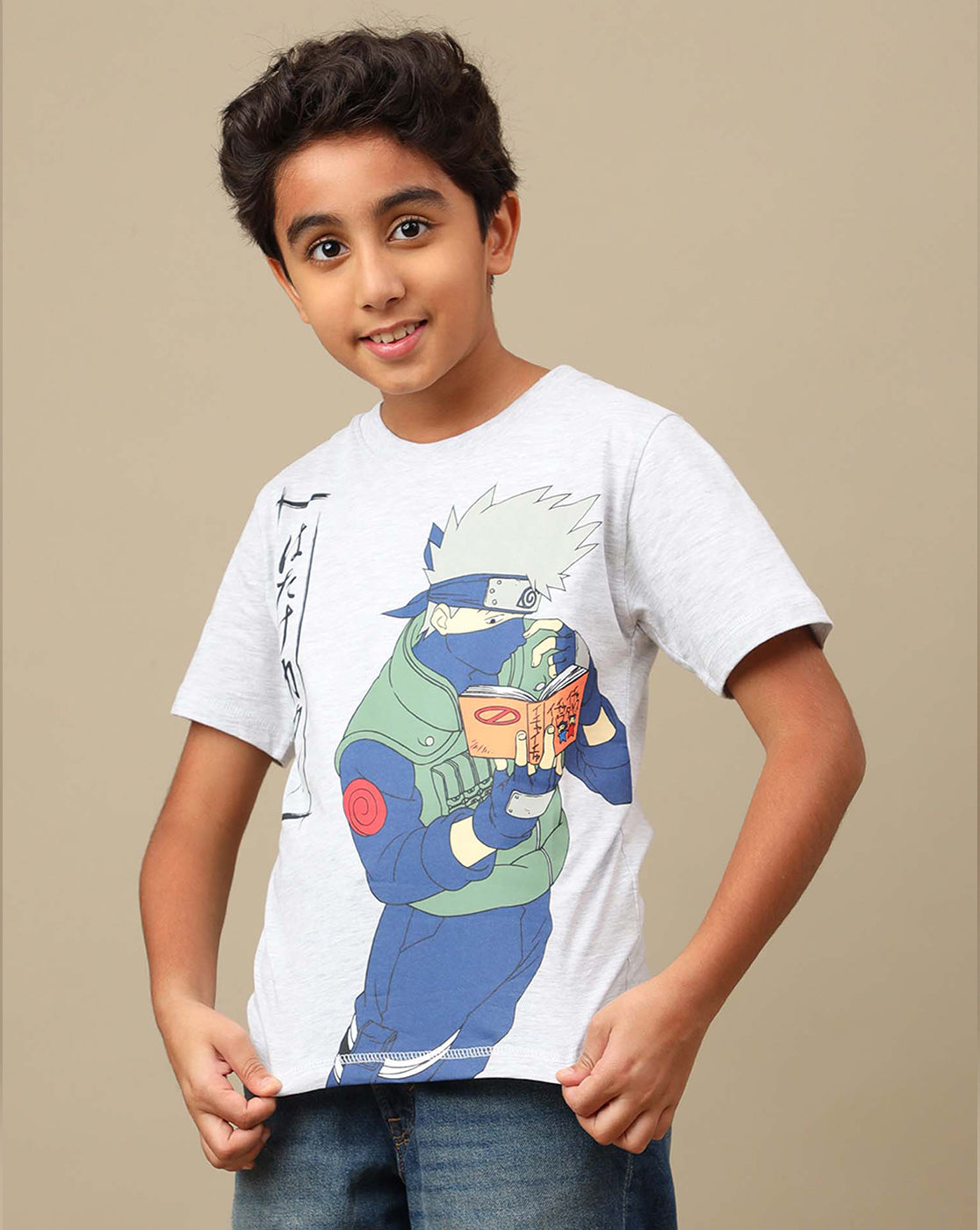 Naruto: Kakashi Hatake Anime Printed Grey Regular Fit Pure Cotton Tshirt For Boys