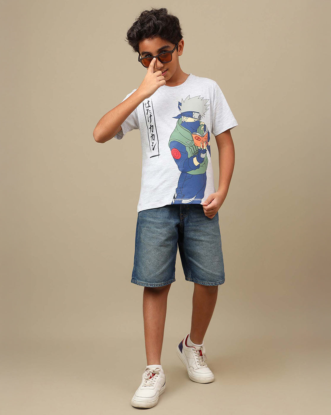 Naruto: Kakashi Hatake Anime Printed Grey Regular Fit Pure Cotton Tshirt For Boys