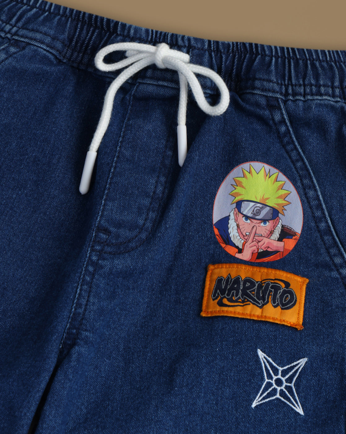 Naruto Embroidered  Regular Fit Denim Shorts For Boys