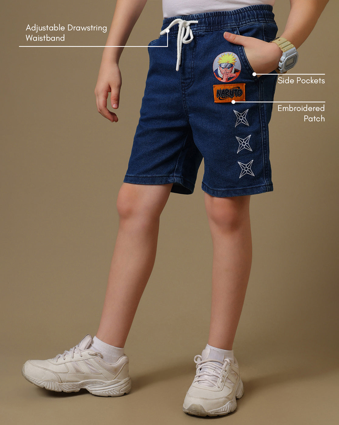 Naruto Embroidered  Regular Fit Denim Shorts For Boys