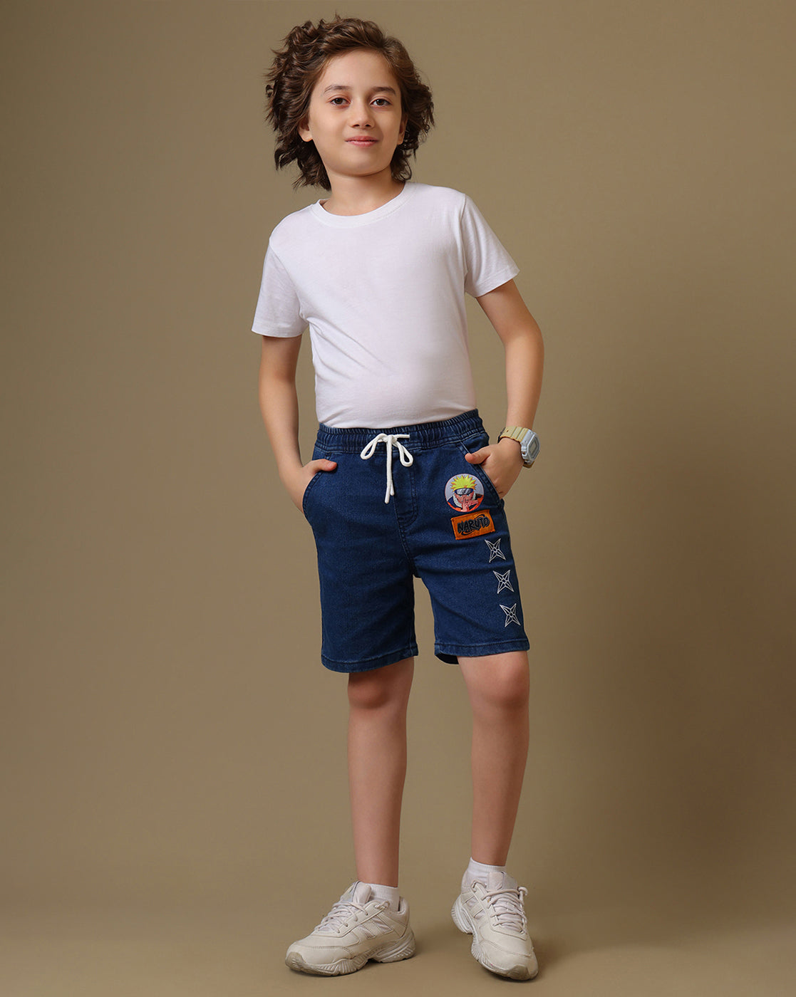 Naruto Embroidered  Regular Fit Denim Shorts For Boys