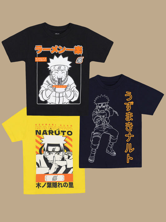 Naruto Graphic Printed Regular Fit Pack Of 3 Tshirt For Boys
