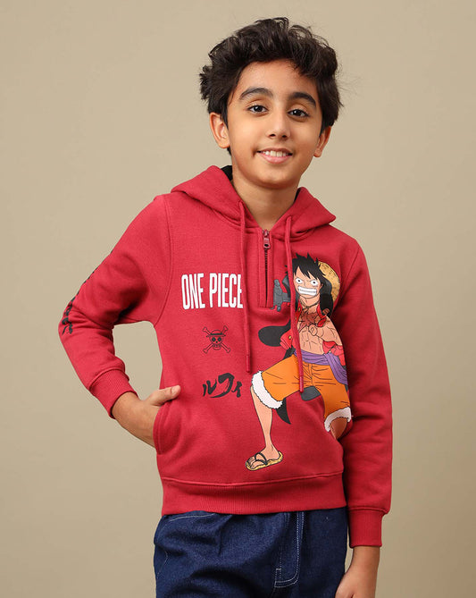 One Piece: Luffy Anime Printed Red Regular Fit Hoodie For Boys
