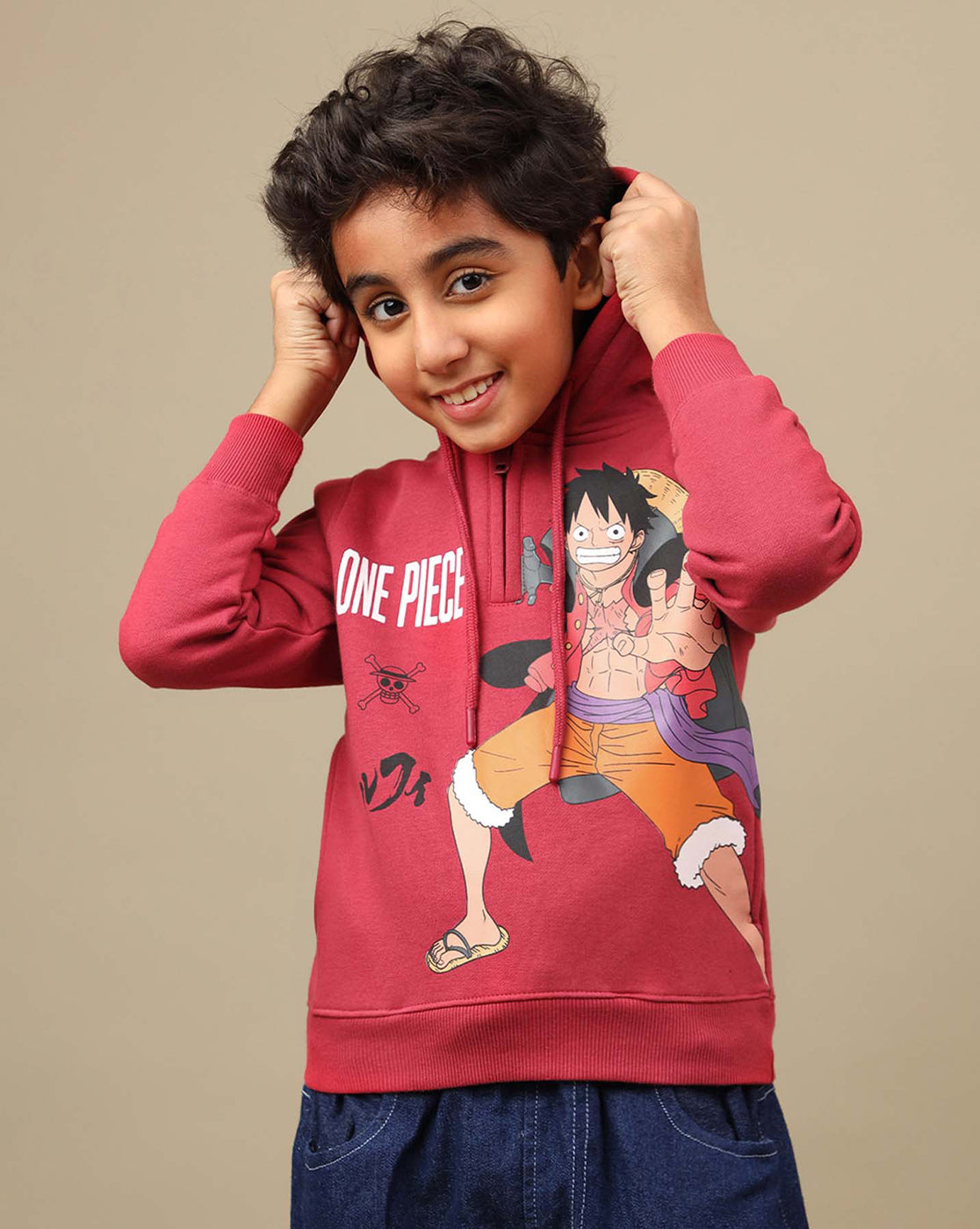 One Piece: Luffy Anime Printed Red Regular Fit Hoodie For Boys